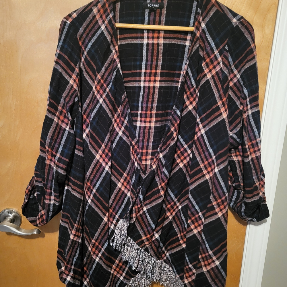 Torrid Women's Plaid Open Front Cardigan - Black and Pink